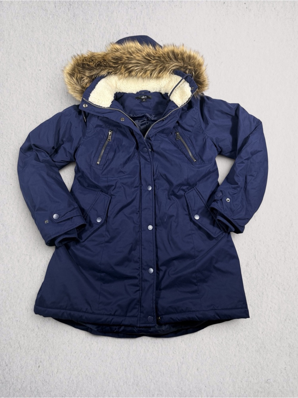 Ellos Women's Navy Parka Coat with Faux Fur Trim